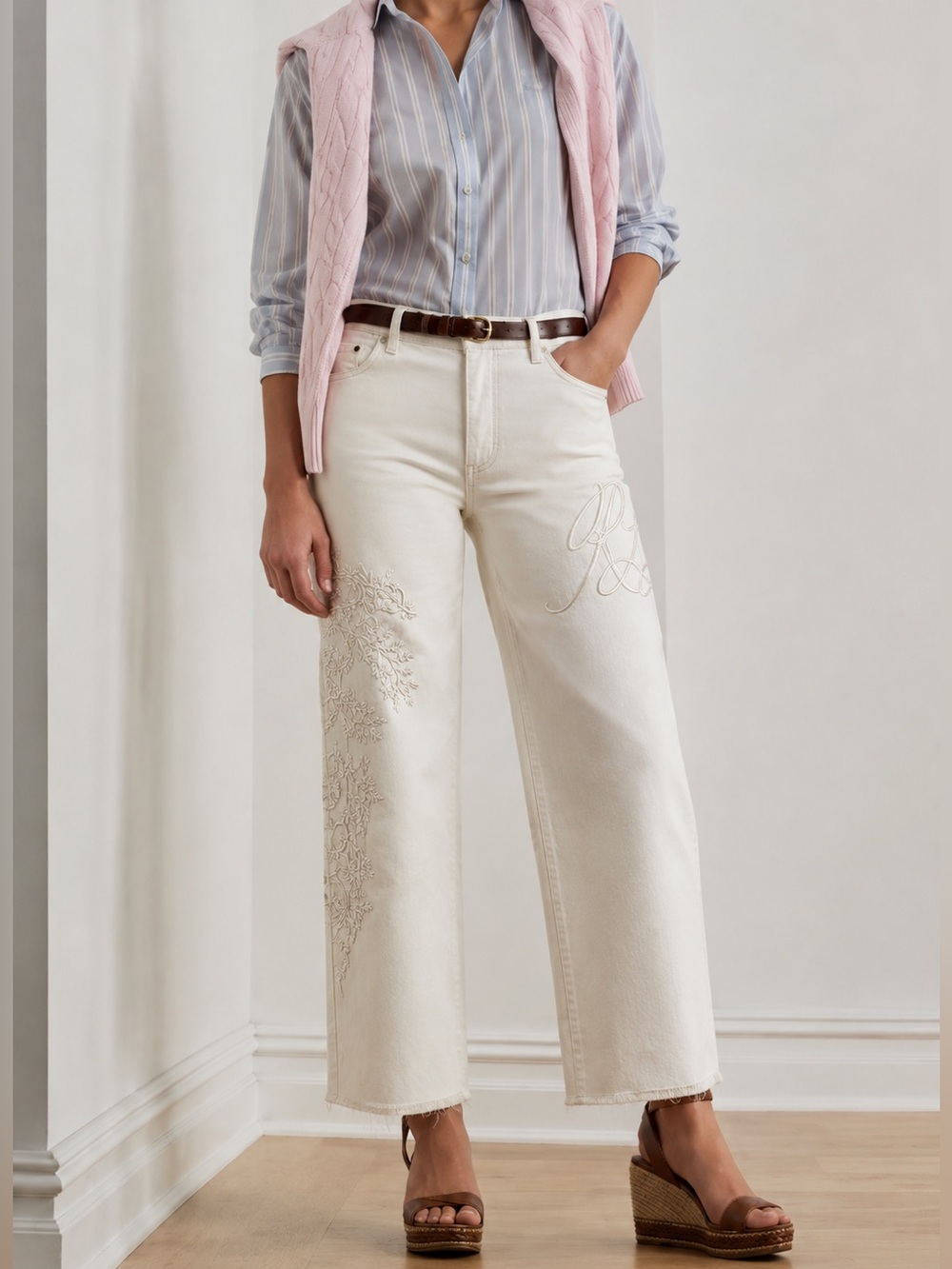 Lauren Ralph Lauren High Rise Crop Embroidered Jeans Cream Size 10 Tagged 4